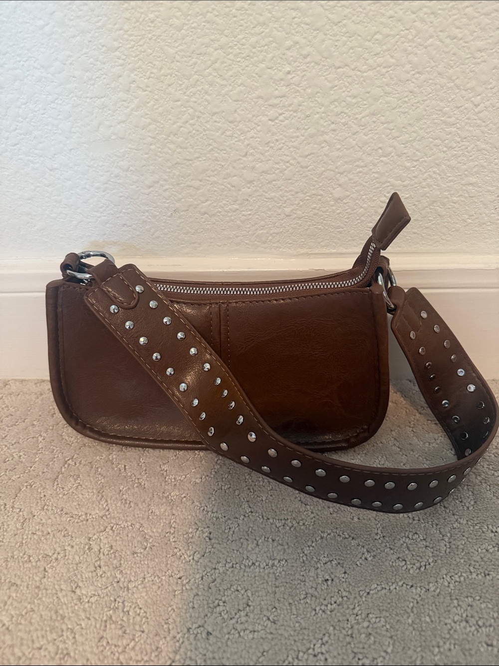 Brown Studded Leather Shoulder Bag